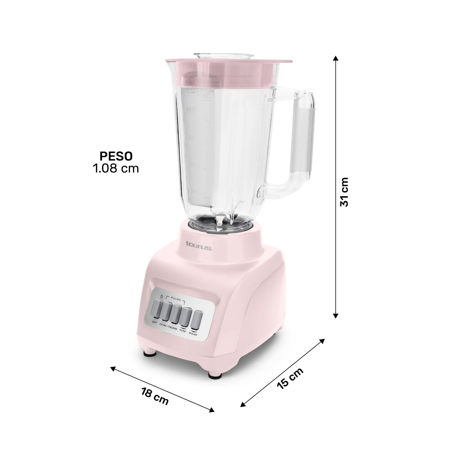 TAURUS HALEY RIBBON | Licuadora 500W* de 4 Velocidades | Vaso de plástico 1.65L* | Sistema Easy Fit Seguro y Duradero | Cuchillas desmontables | Potencia y Control para Preparar Smoothies, Salsas...