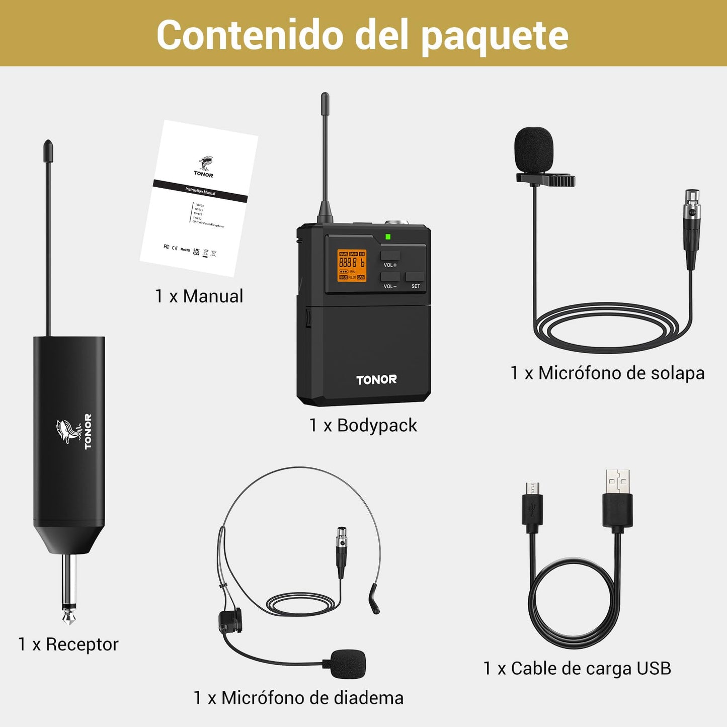TONOR Microfono Inalambrico UHF con Micrófono Diadema/Lavalier Solapa Bolsillo Mic, Bodypack Transmisor y Mini Receiver 1/4 Pulgadas Salida, 60M para Actuaciones en Vivo Reuniones Lglesia Discurso