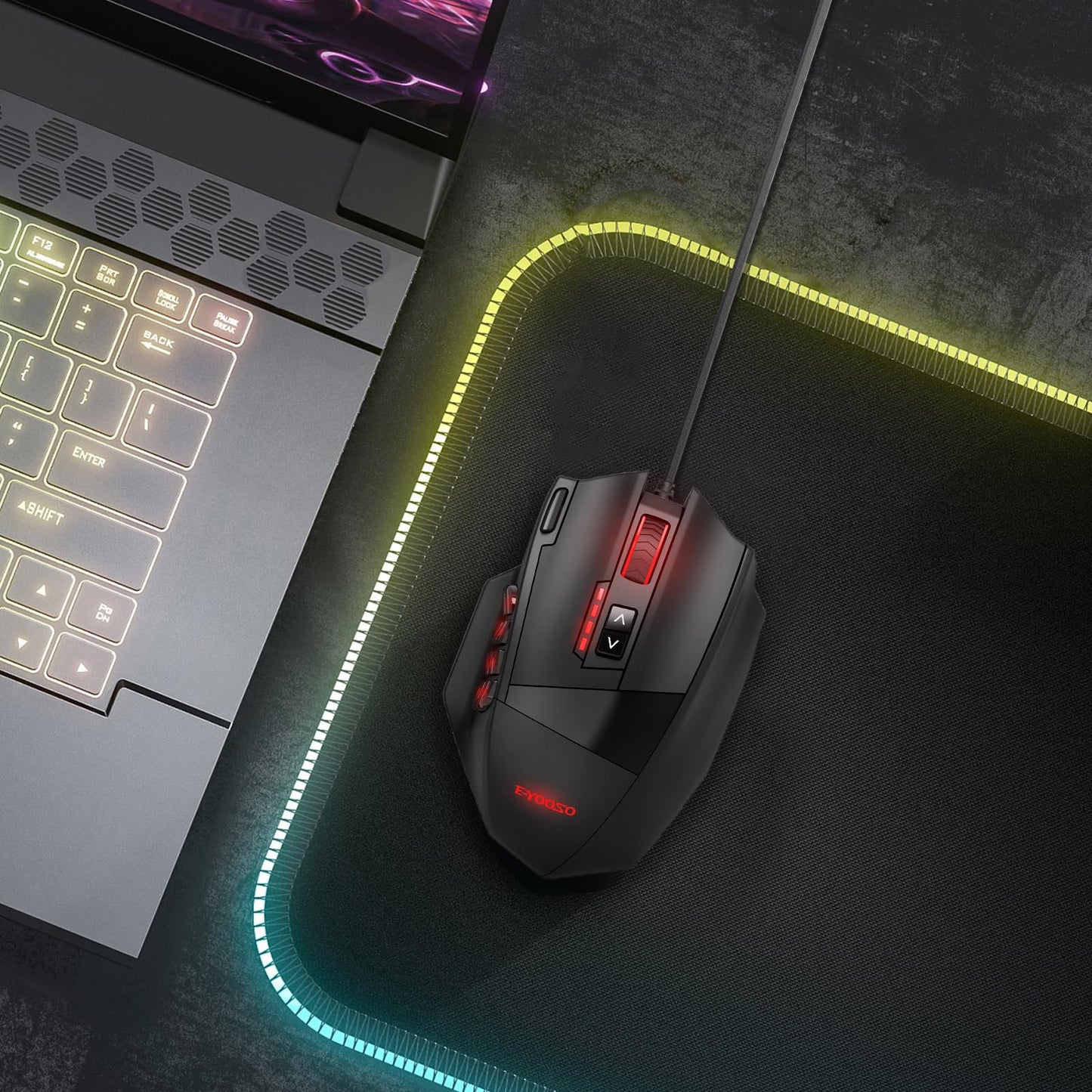 TERPORT S700 Mouse Gaming Alámbrico, Mouse Gamer con 18 Botones Programables, 16KDPI con 5 Niveles Ajustables, Iluminación RGB, Ratón Juegos con Peso Ajustable para Mano Media/Grande, para Win/Mac