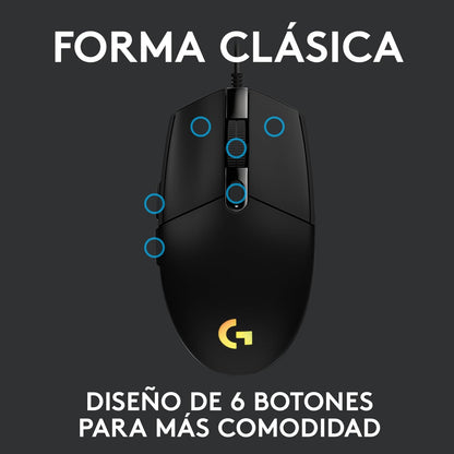 Logitech G203 LIGHTSYNC Mouse Gaming con Iluminación RGB Personalizable, 6 Botones Programables Seguimiento de hasta 8,000 dpi, Ultra-Ligero - Negro