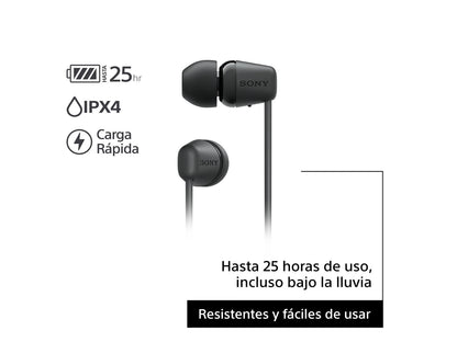 Sony WI-C100 - Audífonos inalámbricos intraauriculares con Banda para el Cuello y micrófono para Llamadas con Manos Libres, Negro, WIC100/B (Versión Nacional)