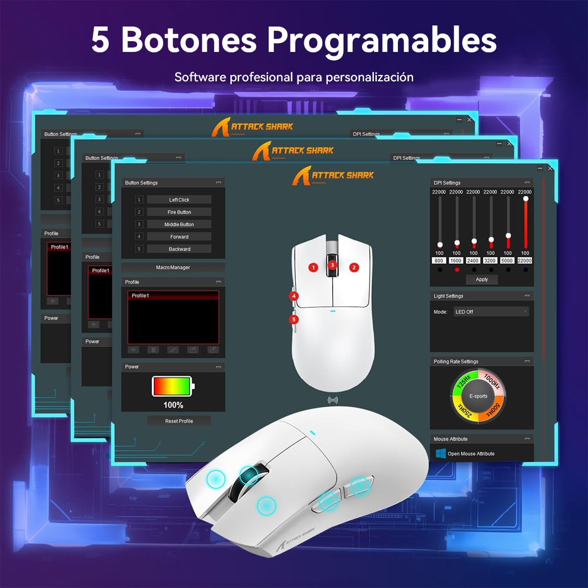ATTACK SHARK X11 Mouse Inalámbrico con Base de Carga RGB, Mouse Gamer Ultraligero para Juegos, 2.4 GHz/Bluetooth/USB-C de 3 Modos, 24000DPI, 5 Botones programables para PC/Mac (Blanco)