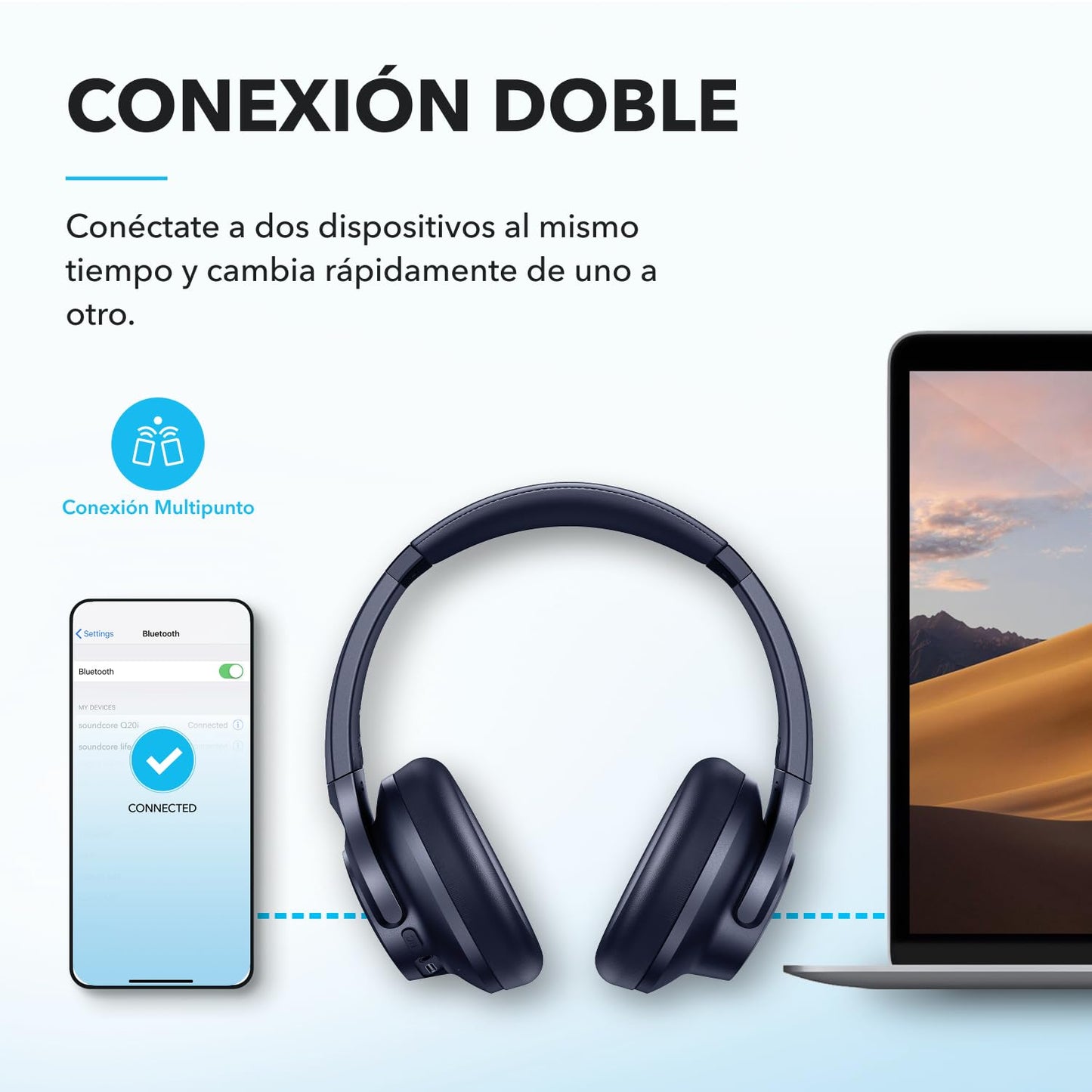 Soundcore by Anker Q20i Audifonos Inalambricos Diadema, hasta 60h Reproducción, Carga Rápida, Cancelación Activa de Ruido, Hi-Res, Bajos Potentes, Modo Transparencia, para Juegos, Gamer