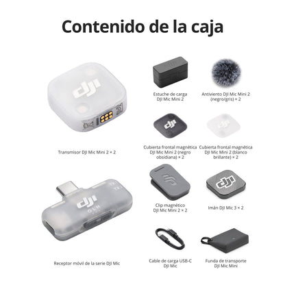 dji Mic Mini 2 (2 TX + 1 RX móvil + Estuche de Carga), micrófono inalámbrico para móvil iPhone 17/16/15 y Android/Tableta/PC, conectar y Listo, batería de 90 h, transmisión hasta 300 m, Vlogs