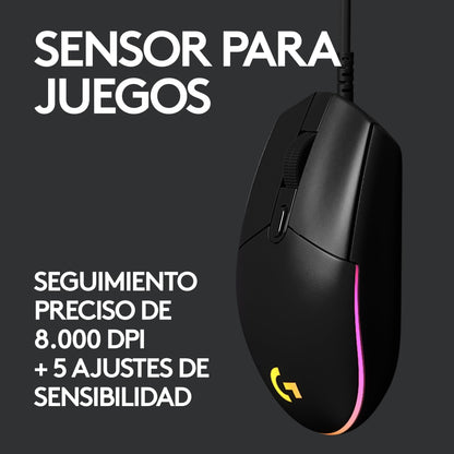 Logitech G203 LIGHTSYNC Mouse Gaming con Iluminación RGB Personalizable, 6 Botones Programables Seguimiento de hasta 8,000 dpi, Ultra-Ligero - Negro
