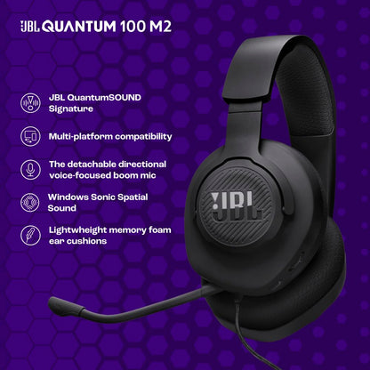 JBL Quantum 100M2 - Audífonos alambricos integrales para Gaming con Cable y micrófono Extraible con opción de silenciar - Negro