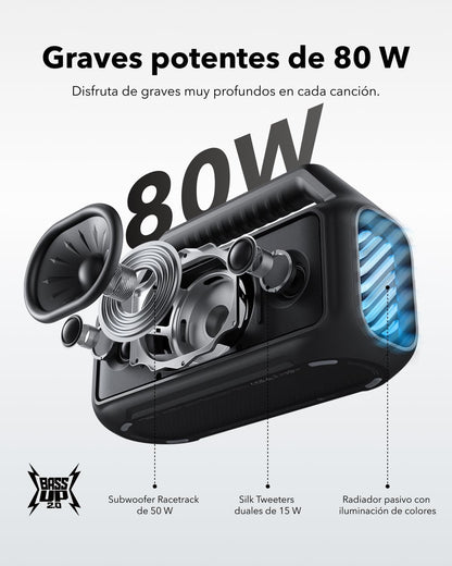 Soundcore by Anker Boom 2 Bocina Bluetooth Portatil, Hasta 24h de Reproducción, Potencia 80W RMS con BassUp, Sincroniza +100 Altavoces, IPX7 Flotante, Altavoz Inalámbrico, Party Box, Regalos para mamá