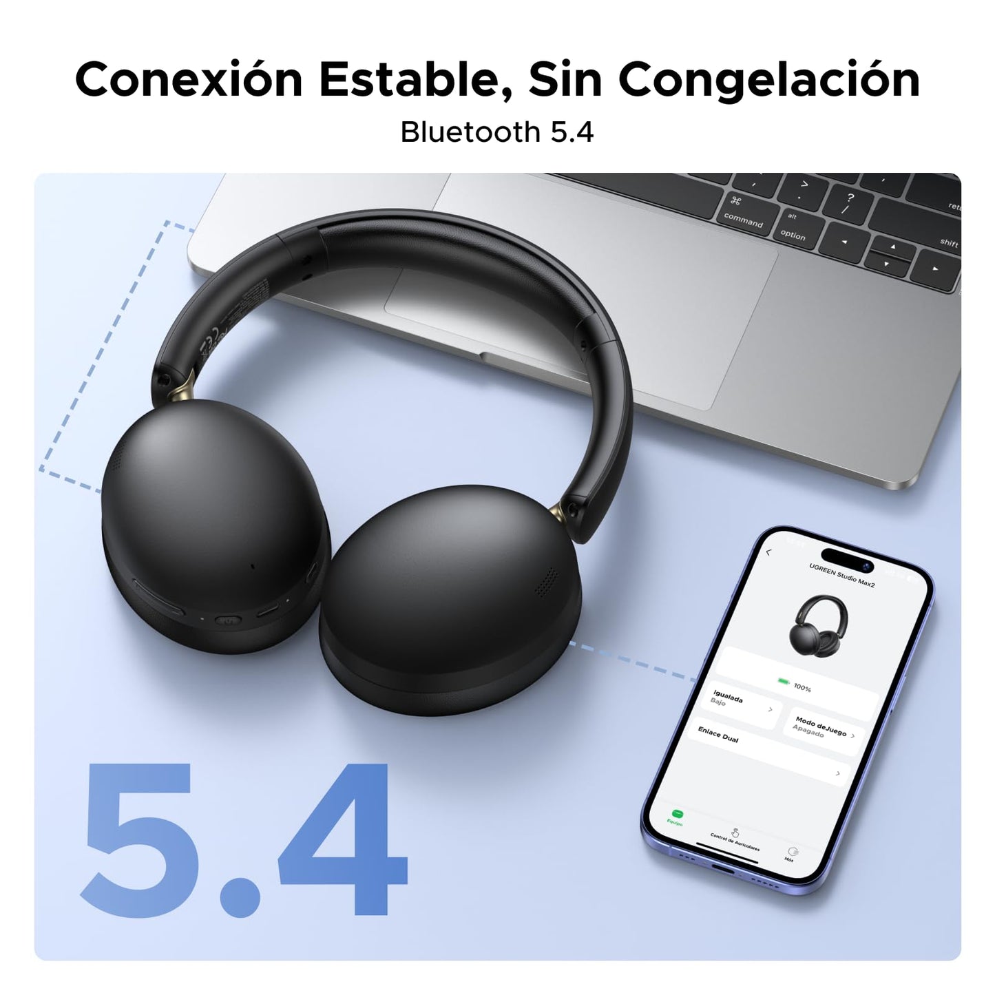 UGREEN Audífonos Inalámbricos Diadema con Micrófono, Auriculares Bluetooth 5.4 40mm Controladores, Audífonos Gamer 243g Ligero Cómodo de Llevar, 80 Horas de Reproducción,Conexión de 2 Dispositivos