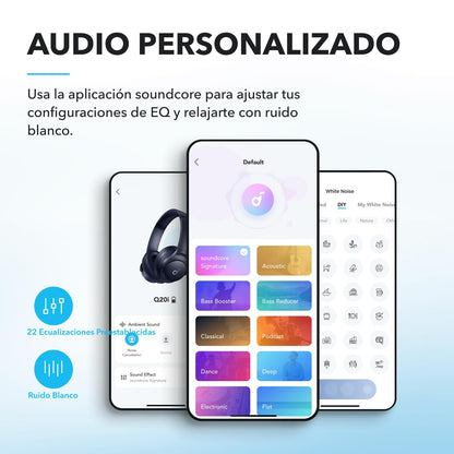 Soundcore by Anker Q20i Audifonos Inalambricos Diadema, hasta 60h Reproducción, Carga Rápida, Cancelación Activa de Ruido, Hi-Res, Bajos Potentes, Modo Transparencia, para Juegos, Gamer