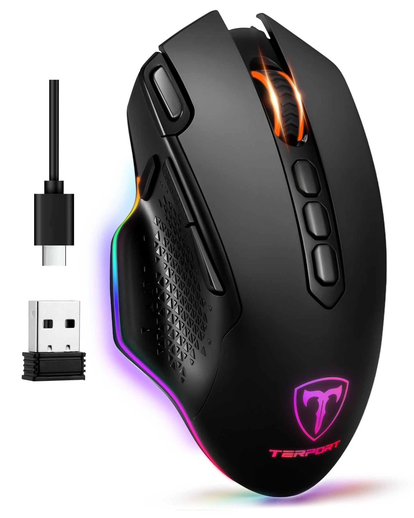 TERPORT S600 Mouse Gaming de Modo Dual Inalámbrico, Ratón de 10000DPI Sensor Optico, Mouse Gamer de RGB Retroiluminación, Ratón Inalámbrico Recargable con 6 Niveles de dpi, 10 Botones Programables