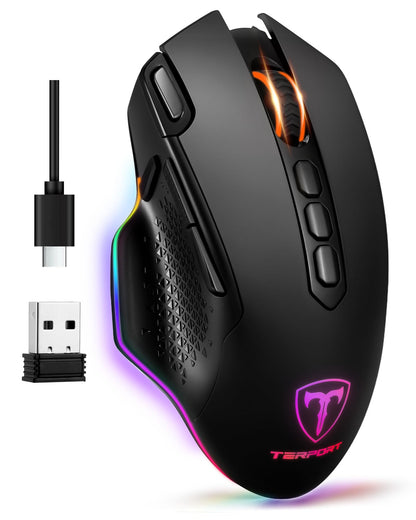 TERPORT S600 Mouse Gaming de Modo Dual Inalámbrico, Ratón de 10000DPI Sensor Optico, Mouse Gamer de RGB Retroiluminación, Ratón Inalámbrico Recargable con 6 Niveles de dpi, 10 Botones Programables