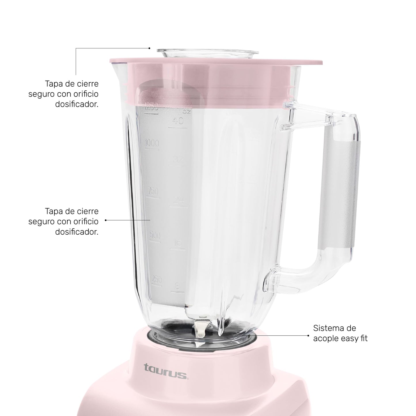 TAURUS HALEY RIBBON | Licuadora 500W* de 4 Velocidades | Vaso de plástico 1.65L* | Sistema Easy Fit Seguro y Duradero | Cuchillas desmontables | Potencia y Control para Preparar Smoothies, Salsas...