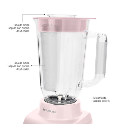 TAURUS HALEY RIBBON | Licuadora 500W* de 4 Velocidades | Vaso de plástico 1.65L* | Sistema Easy Fit Seguro y Duradero | Cuchillas desmontables | Potencia y Control para Preparar Smoothies, Salsas...