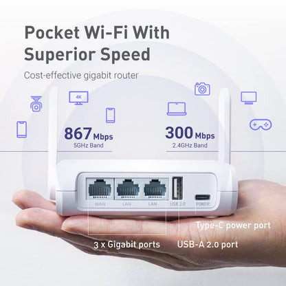 GL.iNet GL-SFT1200 (Opal) Enrutador WiFi de viaje seguro, red inalámbrica Gigabit Ethernet AC1200 de doble banda, IPv6 USB 2.0, modo de punto de acceso de puente repetidor, enrutador para uso público,