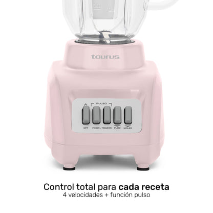 TAURUS HALEY RIBBON | Licuadora 500W* de 4 Velocidades | Vaso de plástico 1.65L* | Sistema Easy Fit Seguro y Duradero | Cuchillas desmontables | Potencia y Control para Preparar Smoothies, Salsas...