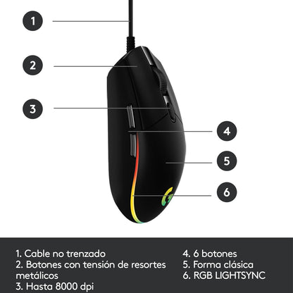 Logitech G203 LIGHTSYNC Mouse Gaming con Iluminación RGB Personalizable, 6 Botones Programables Seguimiento de hasta 8,000 dpi, Ultra-Ligero - Negro