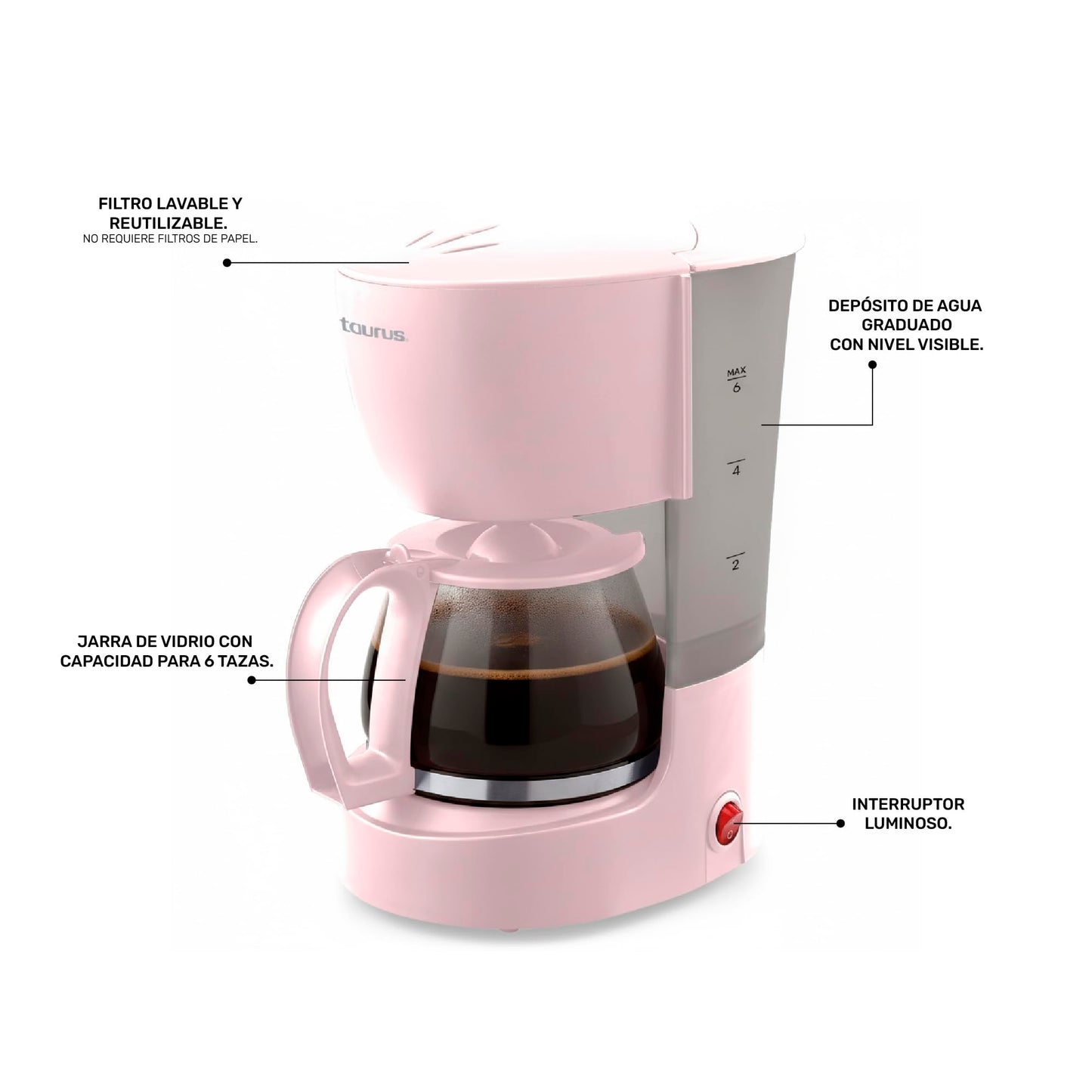 Taurus Cafetera Coffee Max 6 Ribbon Filtro Reutilizable Antigoteo Rosa