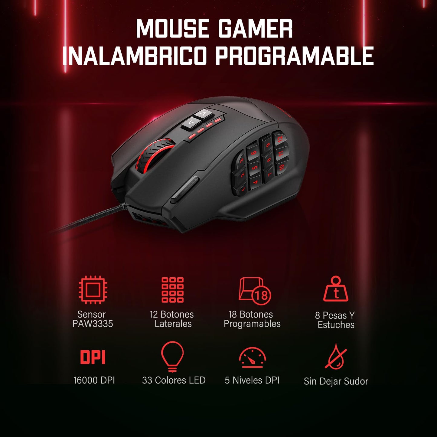 TERPORT S700 Mouse Gaming Alámbrico, Mouse Gamer con 18 Botones Programables, 16KDPI con 5 Niveles Ajustables, Iluminación RGB, Ratón Juegos con Peso Ajustable para Mano Media/Grande, para Win/Mac