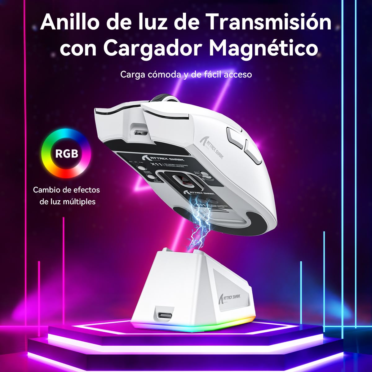 ATTACK SHARK X11 Mouse Inalámbrico con Base de Carga RGB, Mouse Gamer Ultraligero para Juegos, 2.4 GHz/Bluetooth/USB-C de 3 Modos, 24000DPI, 5 Botones programables para PC/Mac (Blanco)