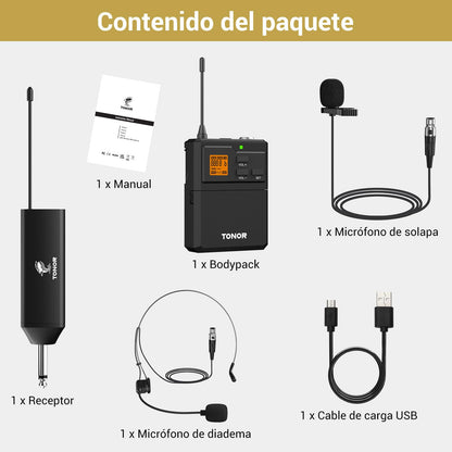 TONOR Microfono Inalambrico UHF con Micrófono Diadema/Lavalier Solapa Bolsillo Mic, Bodypack Transmisor y Mini Receiver 1/4 Pulgadas Salida, 60M para Actuaciones en Vivo Reuniones Lglesia Discurso