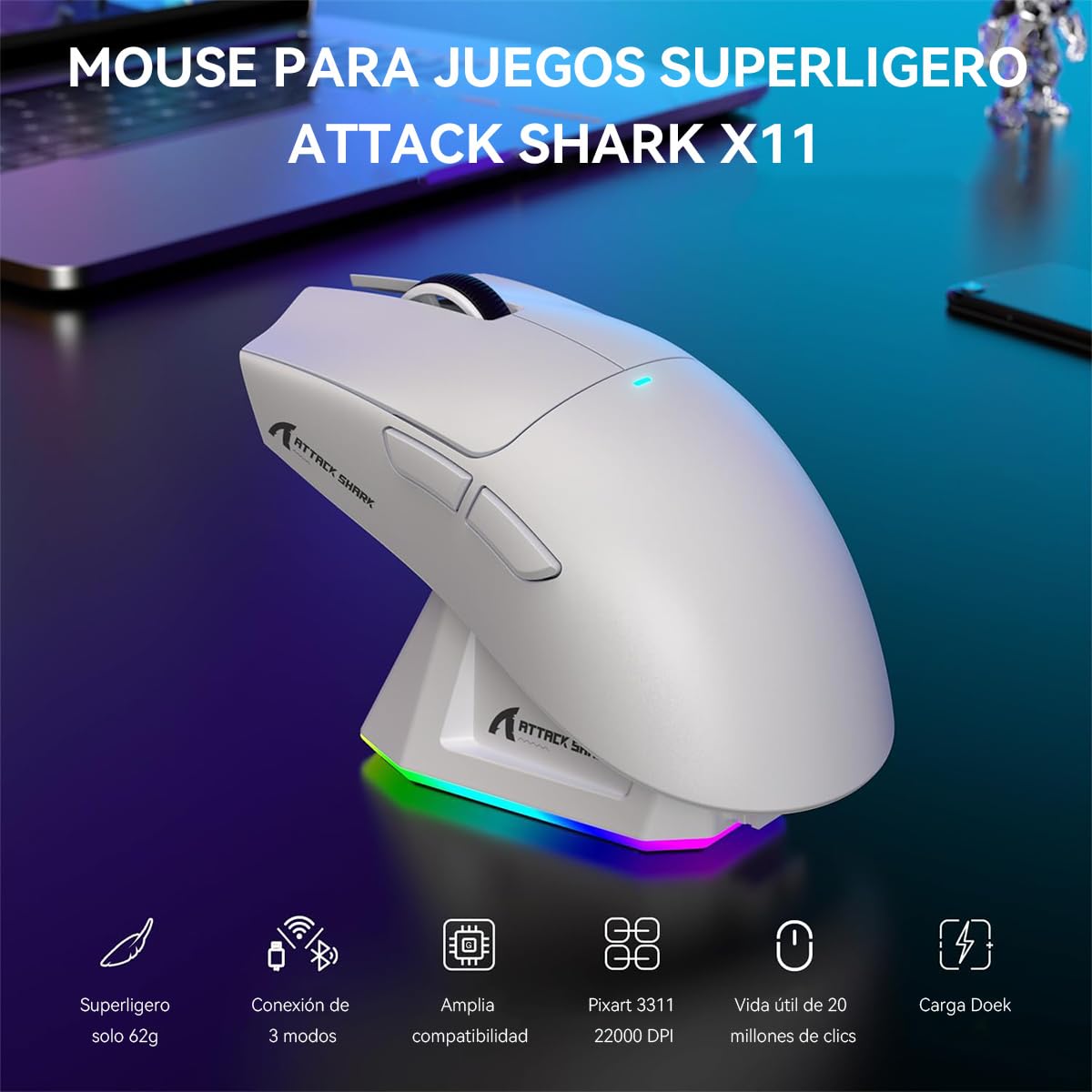 ATTACK SHARK X11 Mouse Inalámbrico con Base de Carga RGB, Mouse Gamer Ultraligero para Juegos, 2.4 GHz/Bluetooth/USB-C de 3 Modos, 24000DPI, 5 Botones programables para PC/Mac (Blanco)
