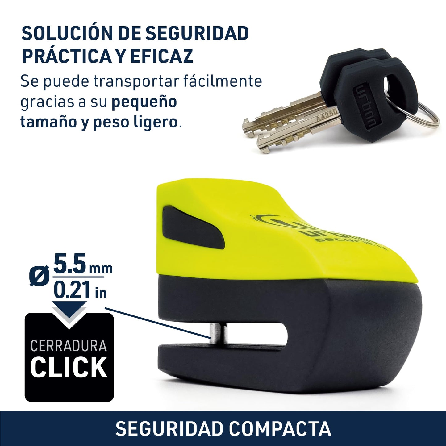 Urban UR955Y Candado para Moto, Candado Disco Antirrobo Universal para Motocicleta y Scooter, Cable Recordatorio de Regalo, Amarillo y Negro, Made in Europe