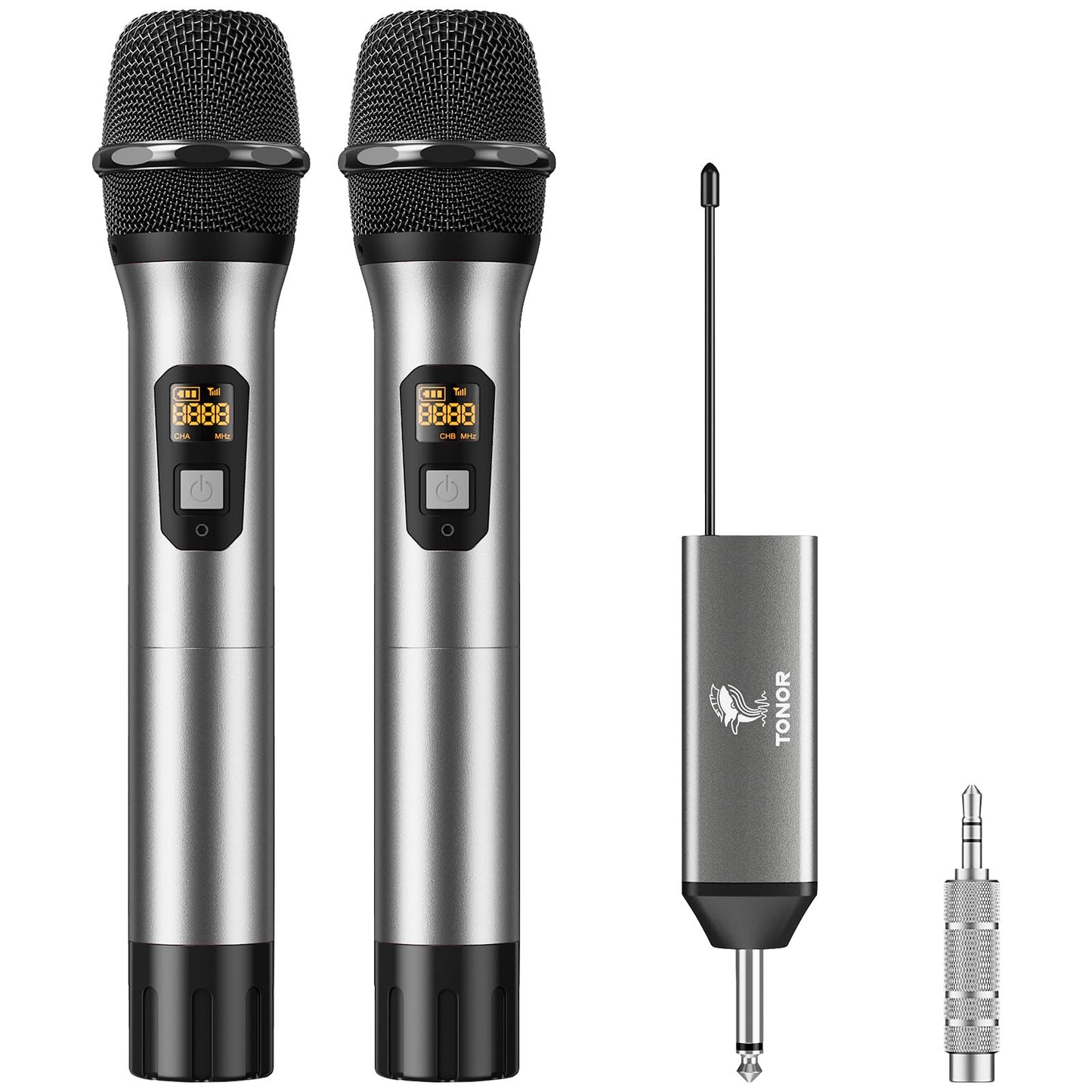 TONOR Micrófono Inalámbrico UHF Dual, Dinámico de Metal, Receptor Recargable, 60M de Alcance, Conector 6.35/3.5mm para Karaoke, Boda, Fiesta, Discurso, Iglesia