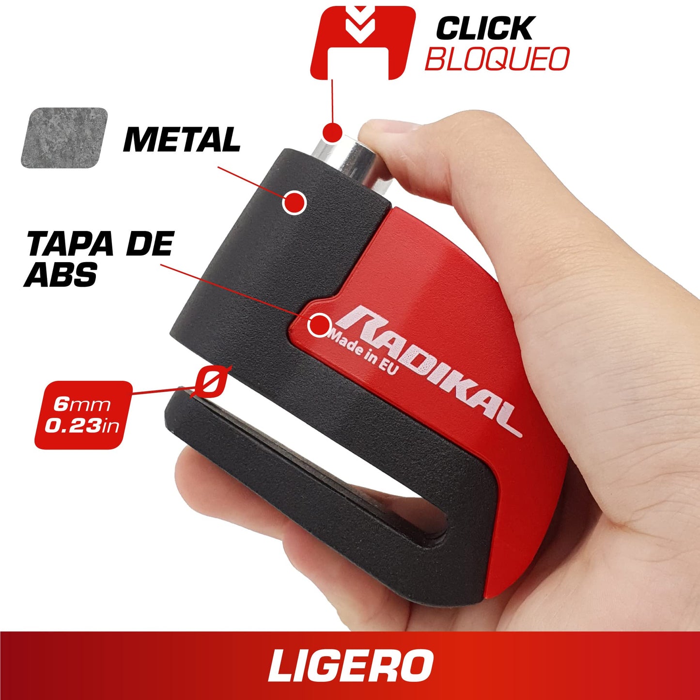 RADIKAL RK6 Candado Moto Disco Alarma 120db ON/OFF, Warning Avisador, Módulo Remplazable Impermeable, Pila Litio, Universal Motos Scooters Bicicletas Patinetes, Antirrobo Pinza Disco Freno