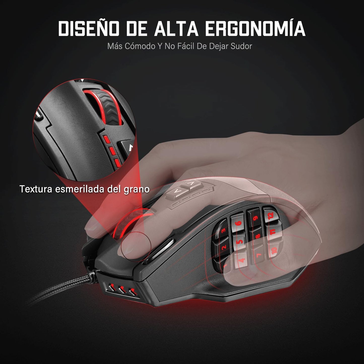 TERPORT S700 Mouse Gaming Alámbrico, Mouse Gamer con 18 Botones Programables, 16KDPI con 5 Niveles Ajustables, Iluminación RGB, Ratón Juegos con Peso Ajustable para Mano Media/Grande, para Win/Mac