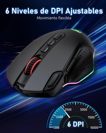 TERPORT S600 Mouse Gaming de Modo Dual Inalámbrico, Ratón de 10000DPI Sensor Optico, Mouse Gamer de RGB Retroiluminación, Ratón Inalámbrico Recargable con 6 Niveles de dpi, 10 Botones Programables