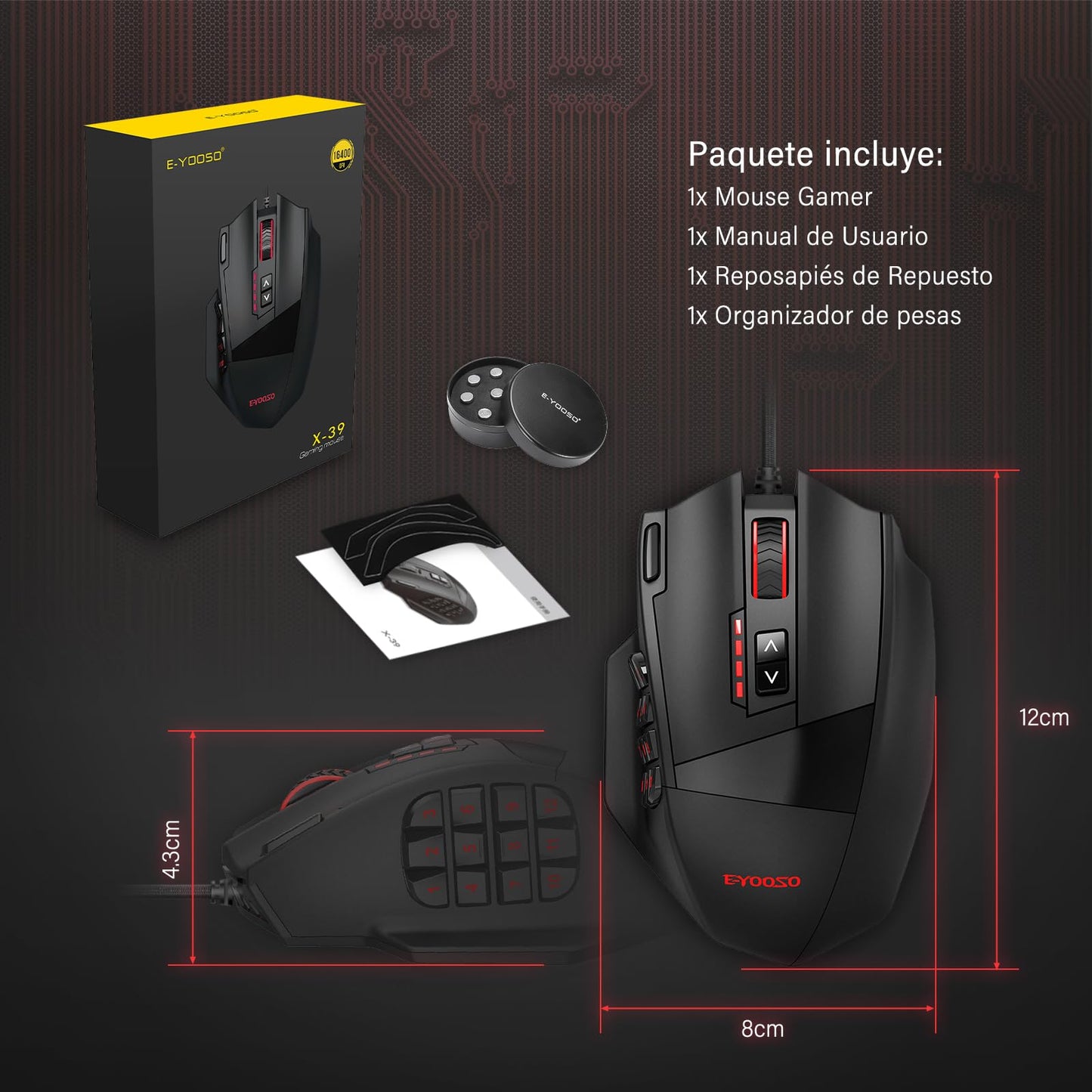 TERPORT S700 Mouse Gaming Alámbrico, Mouse Gamer con 18 Botones Programables, 16KDPI con 5 Niveles Ajustables, Iluminación RGB, Ratón Juegos con Peso Ajustable para Mano Media/Grande, para Win/Mac