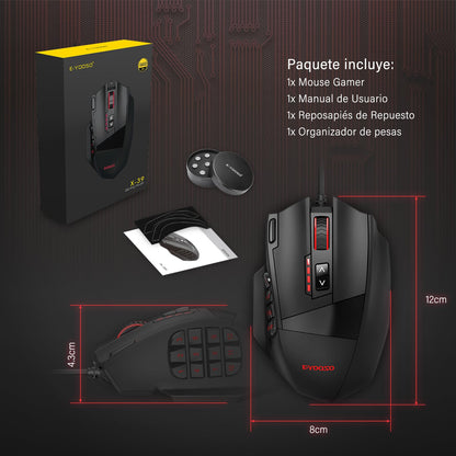 TERPORT S700 Mouse Gaming Alámbrico, Mouse Gamer con 18 Botones Programables, 16KDPI con 5 Niveles Ajustables, Iluminación RGB, Ratón Juegos con Peso Ajustable para Mano Media/Grande, para Win/Mac