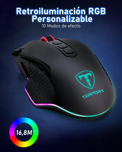 TERPORT S600 Mouse Gaming de Modo Dual Inalámbrico, Ratón de 10000DPI Sensor Optico, Mouse Gamer de RGB Retroiluminación, Ratón Inalámbrico Recargable con 6 Niveles de dpi, 10 Botones Programables