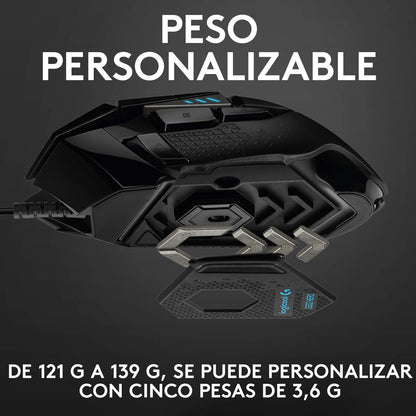Logitech G502 Hero Mouse Gaming con Cable, Sensor Hero 25K, LIGHTSYNC RGB, Peso Ajustable, 11 Botones programables, Memoria integrada - Negro