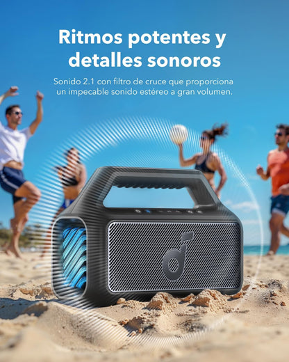 Soundcore by Anker Boom 2 Bocina Bluetooth Portatil, Hasta 24h de Reproducción, Potencia 80W RMS con BassUp, Sincroniza +100 Altavoces, IPX7 Flotante, Altavoz Inalámbrico, Party Box, Regalos para mamá
