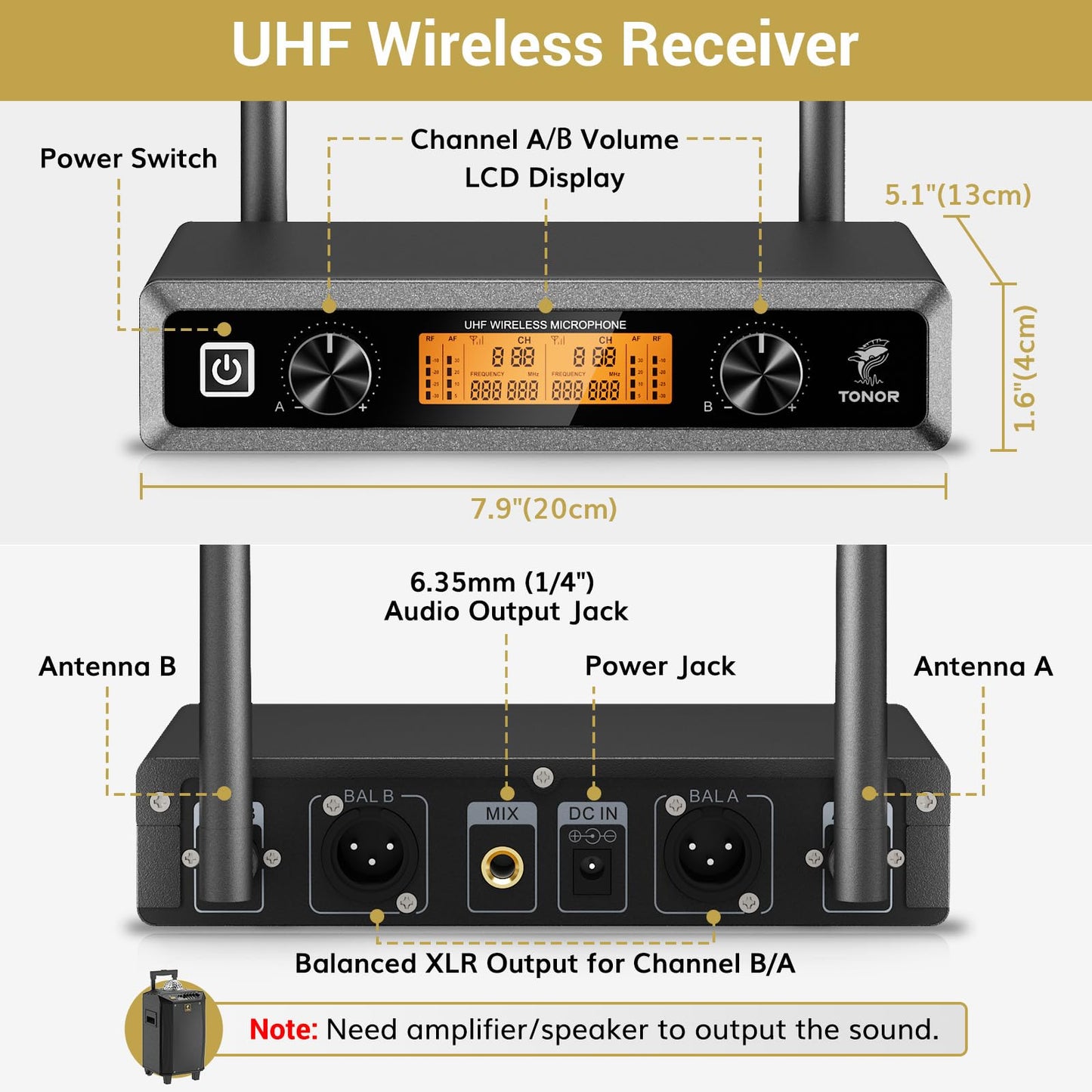 TONOR Micrófono Inalámbrico Dual Sistema de Micrófono Inalámbrico de Mano Profesional UHF, Set KTV Hogar para Karaoke, DJ, Fiesta, 60 Metros, TW820, Plateado