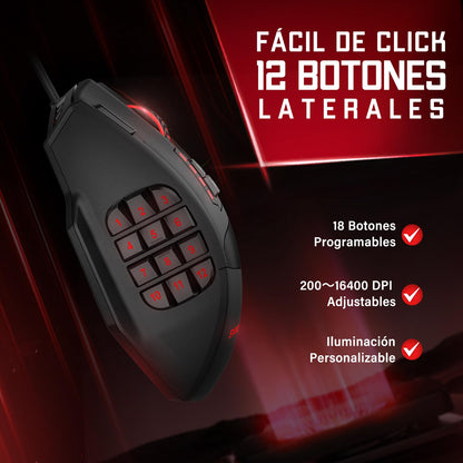 TERPORT S700 Mouse Gaming Alámbrico, Mouse Gamer con 18 Botones Programables, 16KDPI con 5 Niveles Ajustables, Iluminación RGB, Ratón Juegos con Peso Ajustable para Mano Media/Grande, para Win/Mac