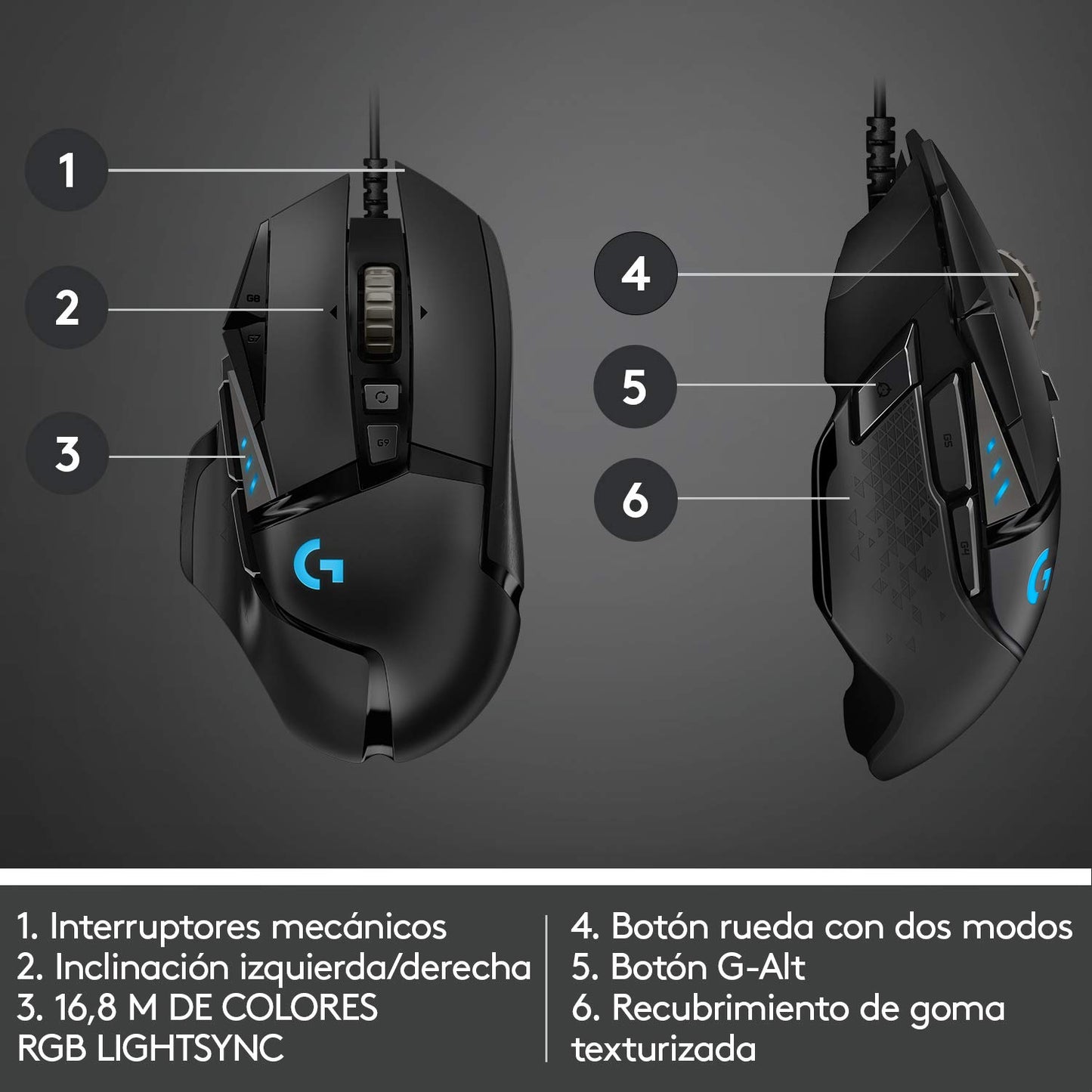 Logitech G502 Hero Mouse Gaming con Cable, Sensor Hero 25K, LIGHTSYNC RGB, Peso Ajustable, 11 Botones programables, Memoria integrada - Negro