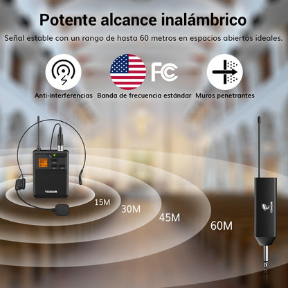 TONOR Microfono Inalambrico UHF con Micrófono Diadema/Lavalier Solapa Bolsillo Mic, Bodypack Transmisor y Mini Receiver 1/4 Pulgadas Salida, 60M para Actuaciones en Vivo Reuniones Lglesia Discurso