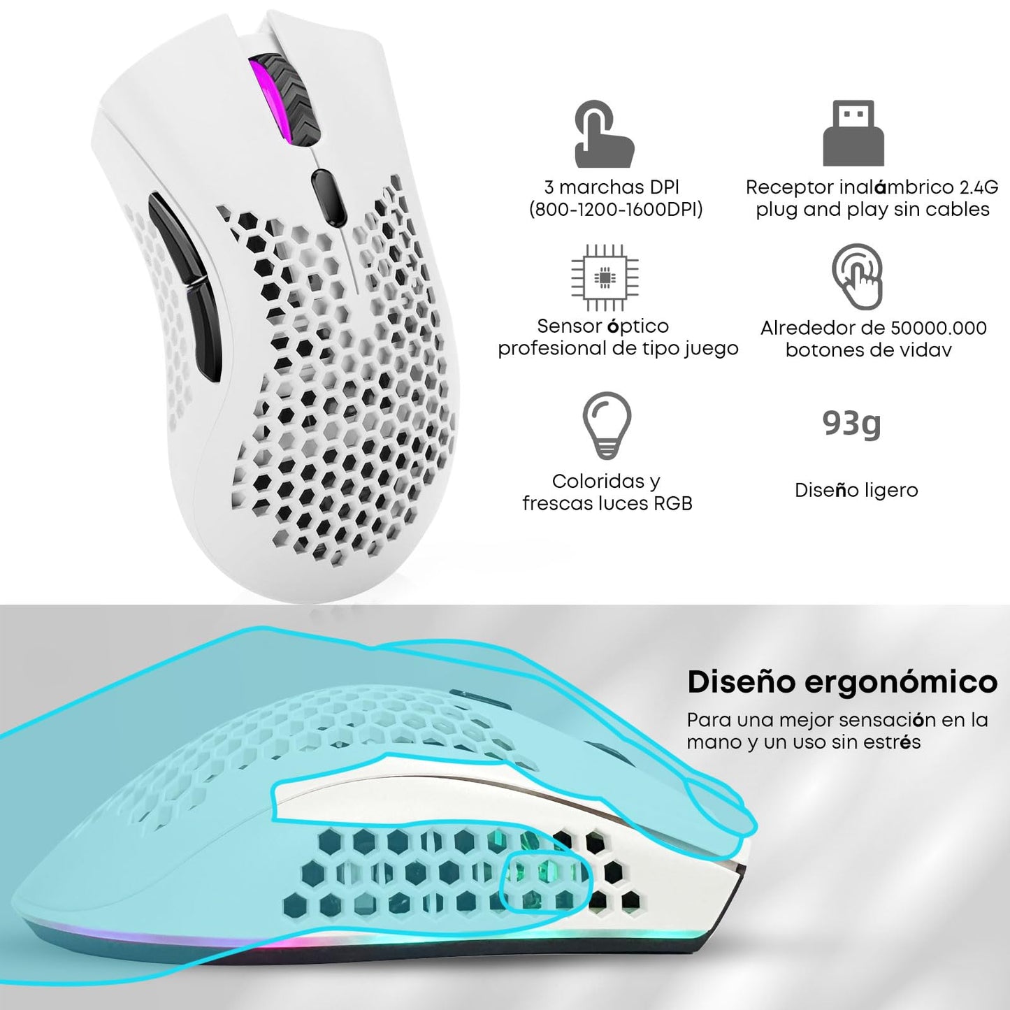 K SNAKE Ratón Ergonómico para Juegos con dpi Ajustable 800/1200/3000, Mouse Gamer Inalámbrico, Iluminación Chroma RGB, Bm600 (Blanco)
