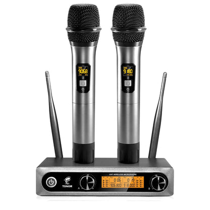 TONOR Micrófono Inalámbrico Dual Sistema de Micrófono Inalámbrico de Mano Profesional UHF, Set KTV Hogar para Karaoke, DJ, Fiesta, 60 Metros, TW820, Plateado