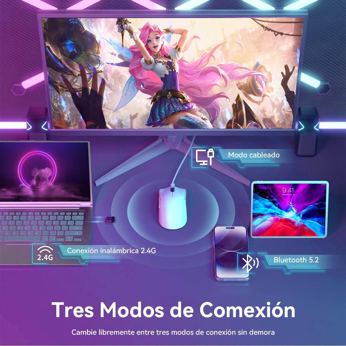 ATTACK SHARK X11 Mouse Inalámbrico con Base de Carga RGB, Mouse Gamer Ultraligero para Juegos, 2.4 GHz/Bluetooth/USB-C de 3 Modos, 24000DPI, 5 Botones programables para PC/Mac (Blanco)