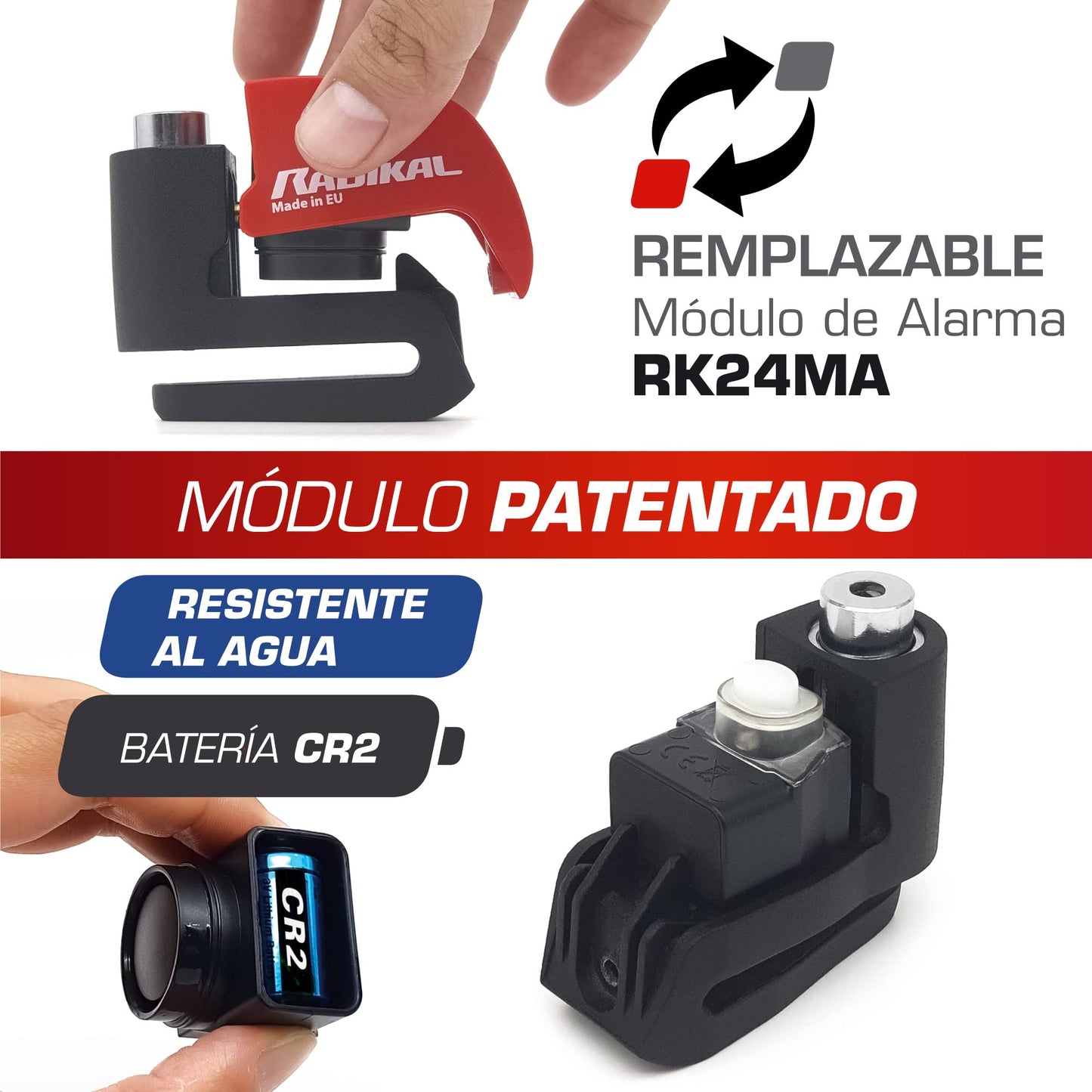 RADIKAL RK6 Candado Moto Disco Alarma 120db ON/OFF, Warning Avisador, Módulo Remplazable Impermeable, Pila Litio, Universal Motos Scooters Bicicletas Patinetes, Antirrobo Pinza Disco Freno