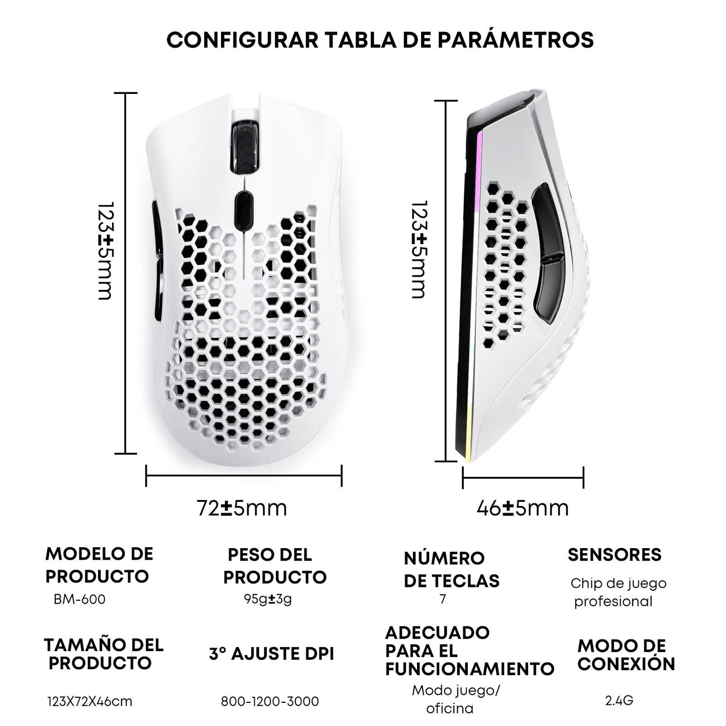 K SNAKE Ratón Ergonómico para Juegos con dpi Ajustable 800/1200/3000, Mouse Gamer Inalámbrico, Iluminación Chroma RGB, Bm600 (Blanco)