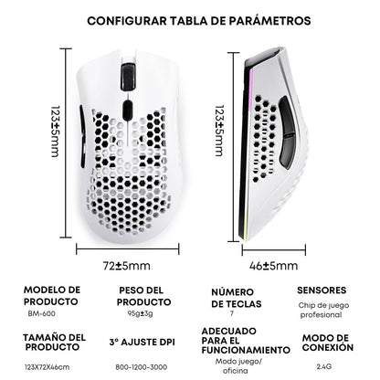 K SNAKE Ratón Ergonómico para Juegos con dpi Ajustable 800/1200/3000, Mouse Gamer Inalámbrico, Iluminación Chroma RGB, Bm600 (Blanco)