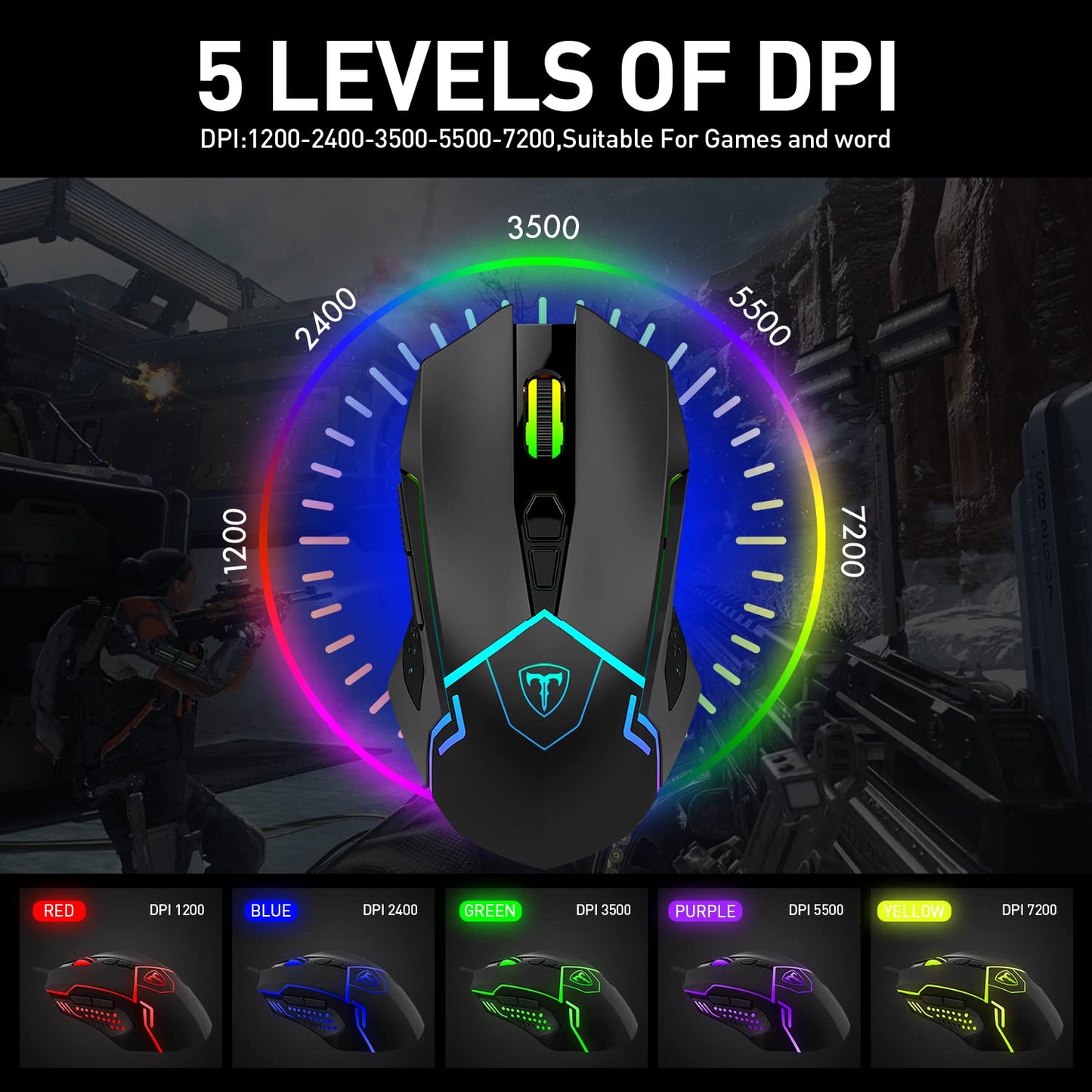 TERPORT S709 Mouse Gaming de RGB Programable, Ratón Gamer Alambrico Ergonómico, Hasta 7200 DPI con 5 Ajustable Niveles, Ratón con 7 Botones y RGB Retroiluminación, Mouse Alambrico para Win y Mac,Negro