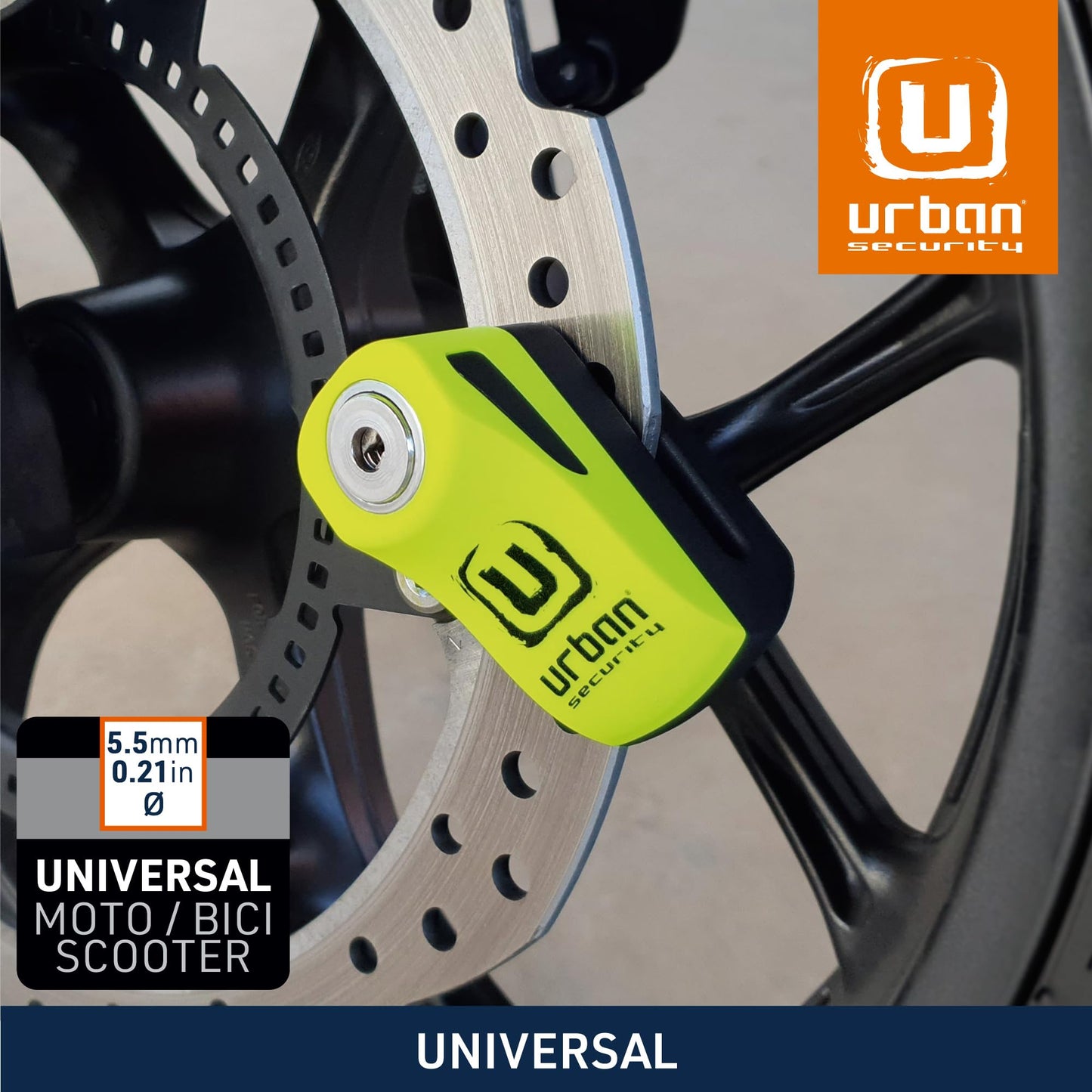 Urban UR955Y Candado para Moto, Candado Disco Antirrobo Universal para Motocicleta y Scooter, Cable Recordatorio de Regalo, Amarillo y Negro, Made in Europe