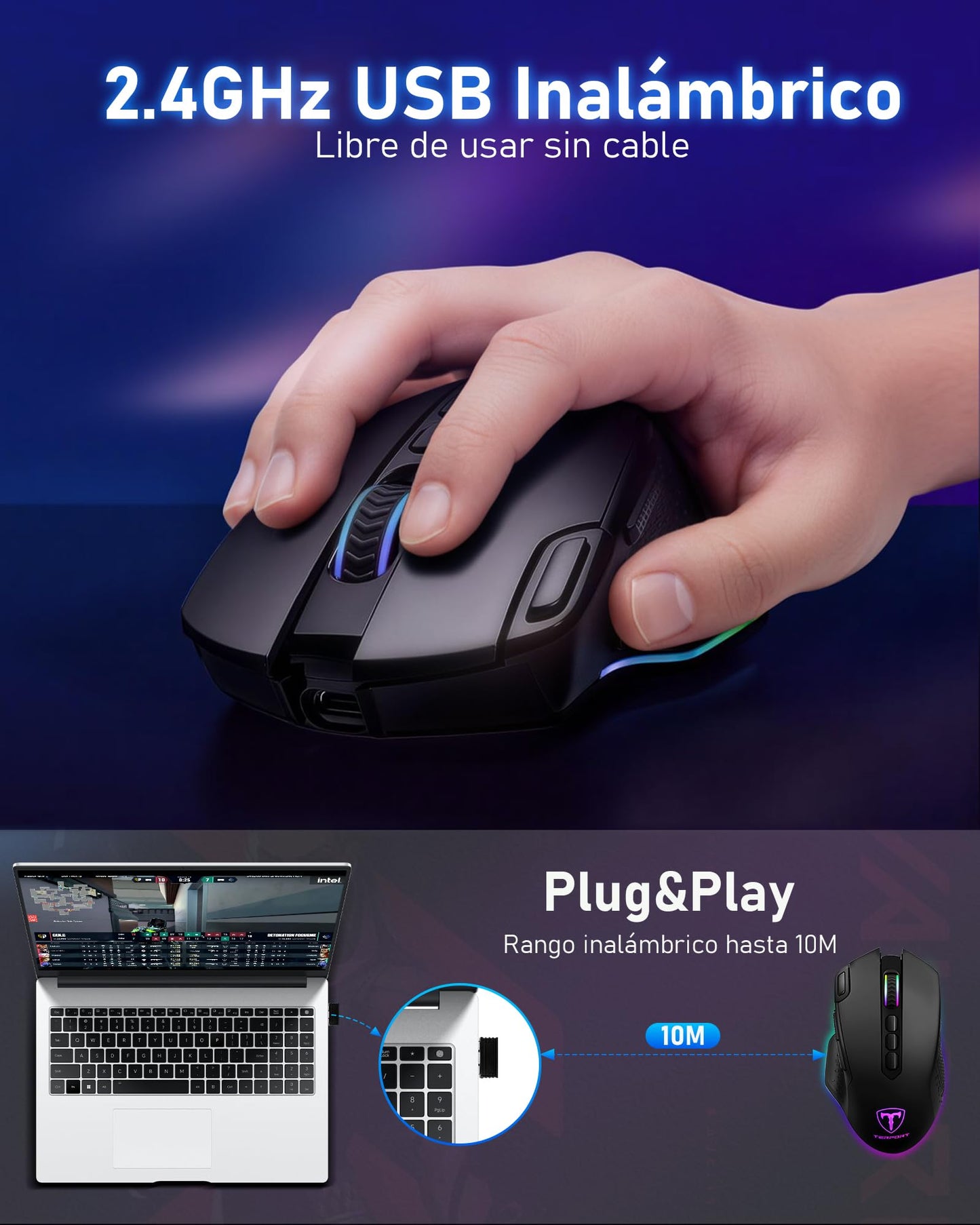 TERPORT S600 Mouse Gaming de Modo Dual Inalámbrico, Ratón de 10000DPI Sensor Optico, Mouse Gamer de RGB Retroiluminación, Ratón Inalámbrico Recargable con 6 Niveles de dpi, 10 Botones Programables