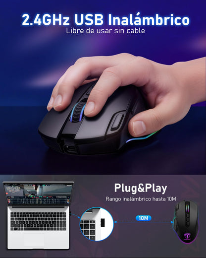 TERPORT S600 Mouse Gaming de Modo Dual Inalámbrico, Ratón de 10000DPI Sensor Optico, Mouse Gamer de RGB Retroiluminación, Ratón Inalámbrico Recargable con 6 Niveles de dpi, 10 Botones Programables