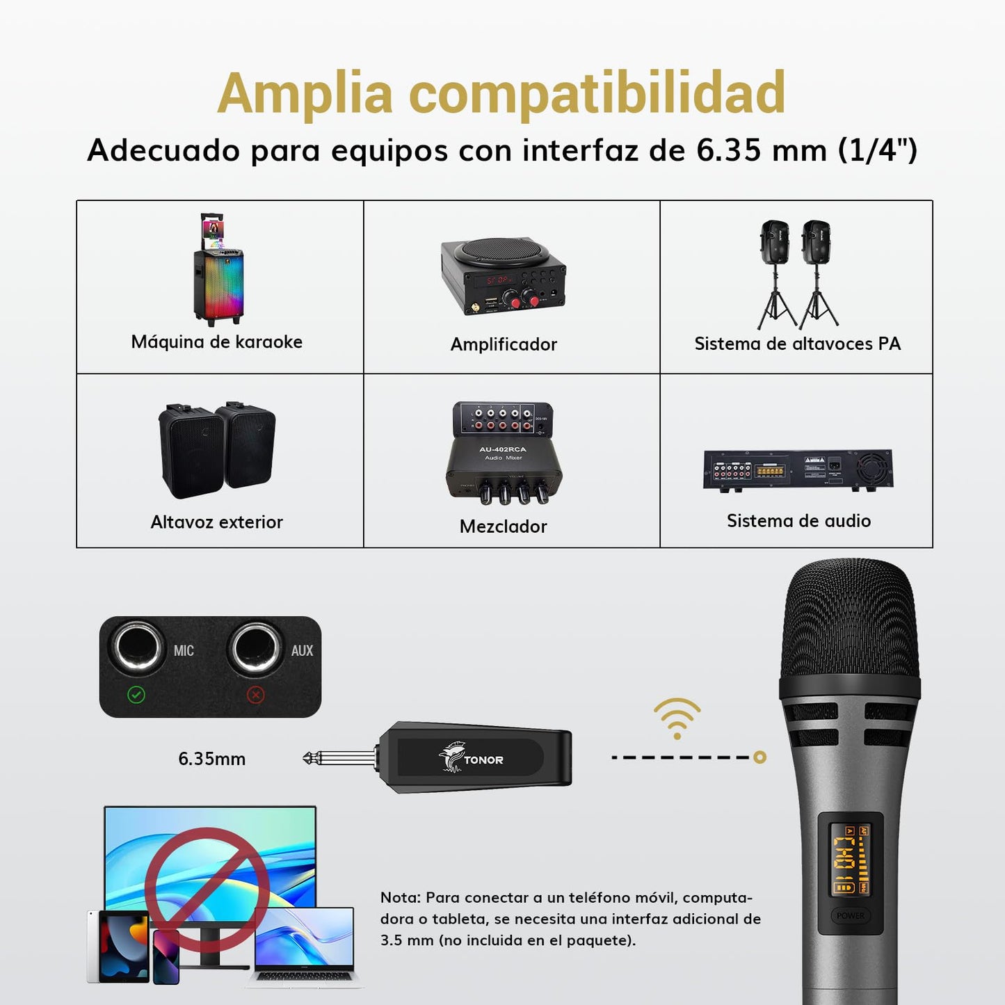 TONOR Micrófono Inalámbrico, Sistema de Micrófono Dinamico de Mano Inalámbrico de Metal UHF con Receptor Recargable, Salida de 1/4" para Amplificador, Sistema PA, Máquina de Karaoke, 60m, Gris
